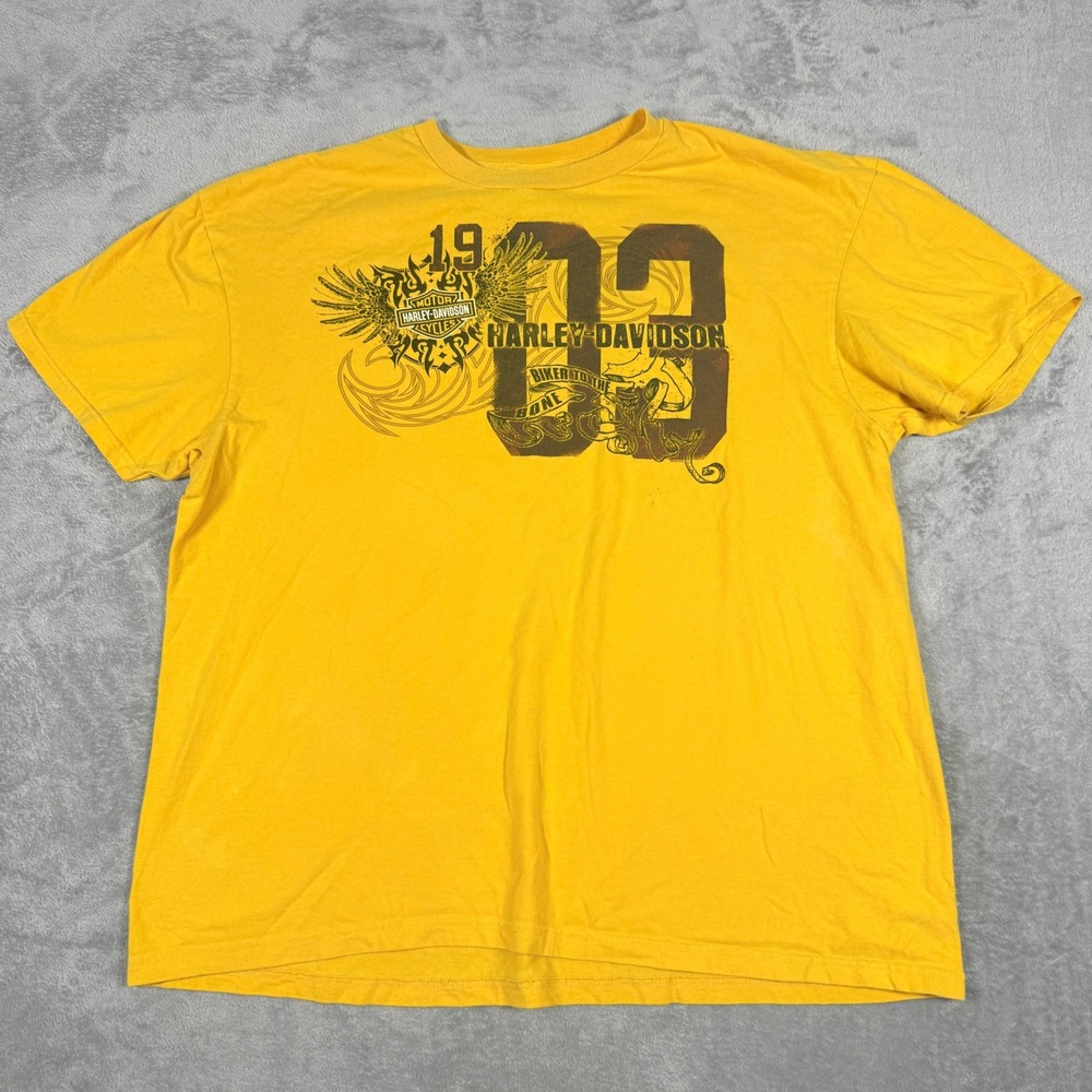Harley-Davidson Mens 2XL T-Shirt Yellow 1903 Biker To The Bone Flint MI 2010
